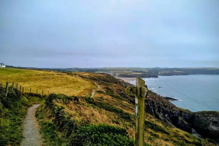 Coast path running along a grassy clifftop above the sea
